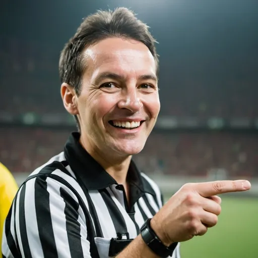 Prompt: referee smiling during soccer match