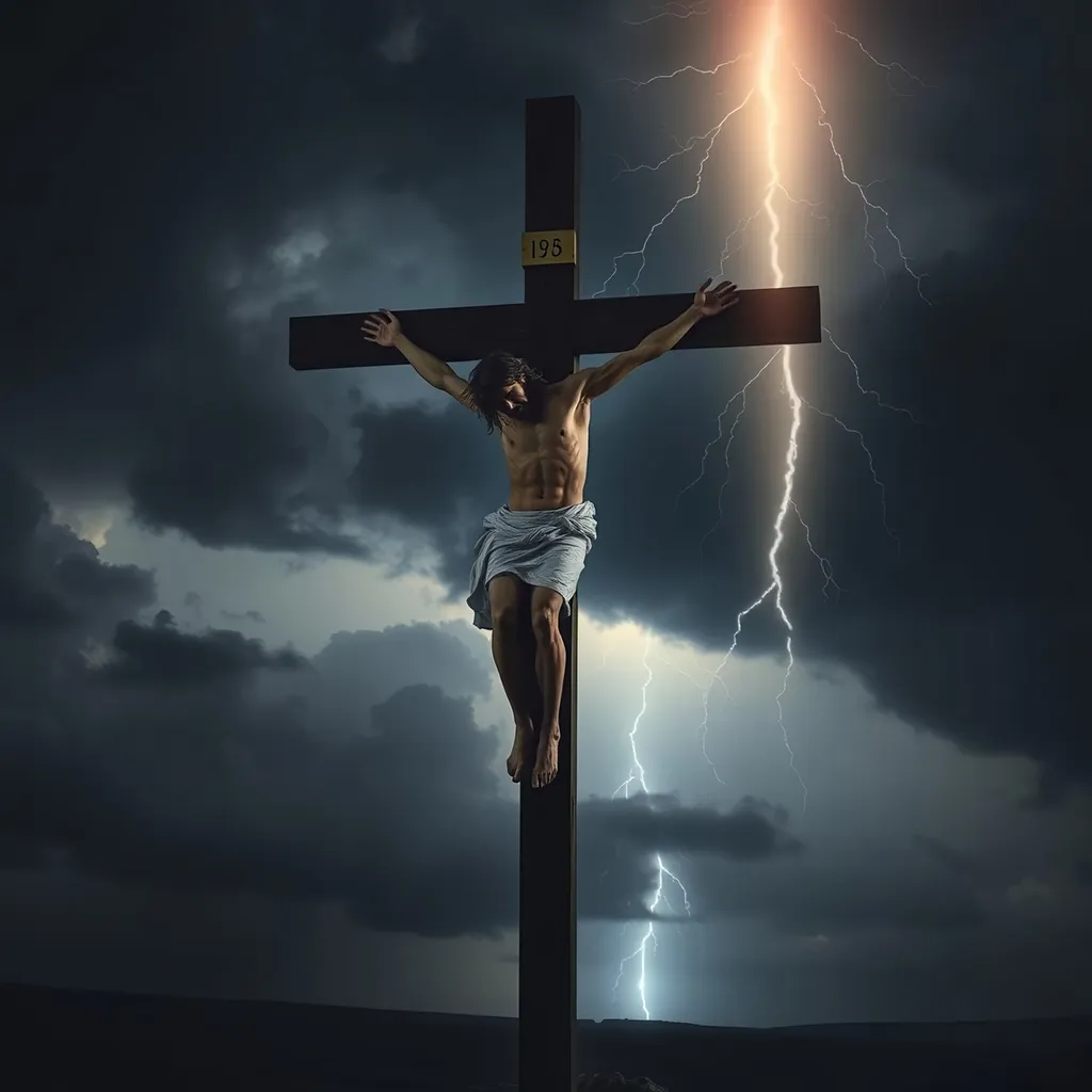 Prompt: Jesus hanging dead on the cross, dark clouds gather in the background, lightning forks down from the sky and strikes the ground in the distance.  Darkness all around except a heavenly glow like a beam of sunshine coming down from the top right corner of the picture and illuminating Jesus on the cross.