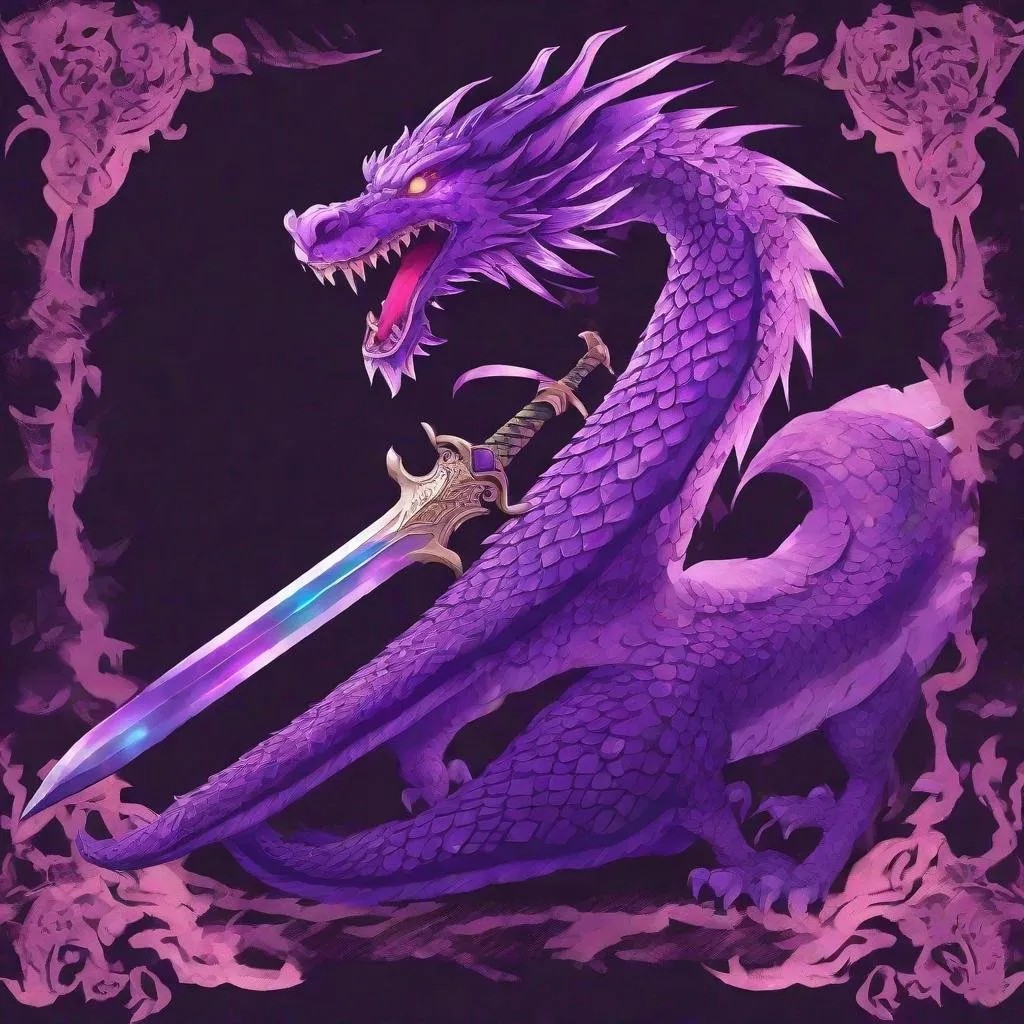 Prompt: A glowing purple sword with a dragon enveloping it