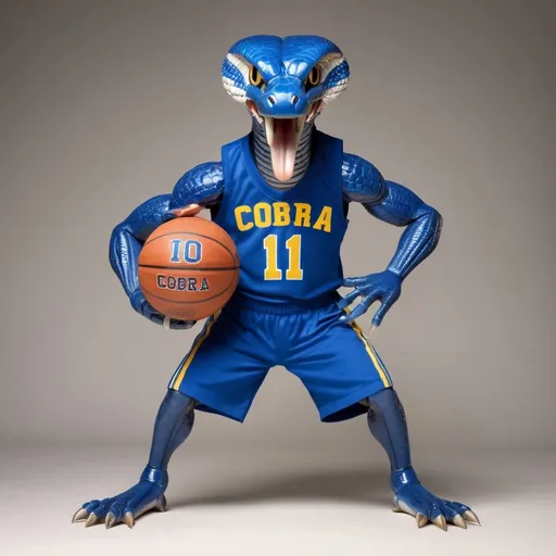 Prompt: A cobra dressed in a blue basketball uniform with the block letters of I, S, O and I on the front. The cobra is vicious looking and in a good defensive basketball stance ready to guard an opponent