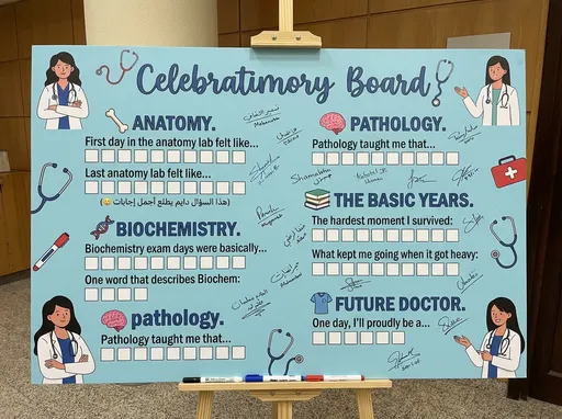 Prompt: 🦴 ANATOMY

First day in the anatomy lab felt like…
⬜⬜⬜⬜⬜⬜⬜⬜⬜⬜

Last anatomy lab felt like…
⬜⬜⬜⬜⬜⬜⬜⬜⬜⬜

(هذا السؤال دايم يطلع أجمل إجابات 🥹)

⸻

🧬 BIOCHEMISTRY

Biochemistry exam days were basically…
⬜⬜⬜⬜⬜⬜⬜⬜⬜

One word that describes Biochem:
⬜⬜⬜⬜⬜

⸻

🧠 pathology 

Pathology taught me that…
⬜⬜⬜⬜⬜⬜⬜⬜⬜

⸻

📚 THE BASIC YEARS

The hardest moment I survived:
⬜⬜⬜⬜⬜⬜⬜⬜⬜

What kept me going when it got heavy:
⬜⬜⬜⬜⬜⬜⬜⬜⬜

⸻

👕 FUTURE DOCTOR

One day, I’ll proudly be a…
⬜⬜⬜⬜⬜⬜.         أبي نفس كذا بس تسوي لوحة نفس اللوحات اللي يحطوها بالمناسبات عشان الطلاب يكتبون ذكرياتهم وهي اللوحة بمناسبه إنهاء السنوات البيسك في كلية الطب وابي ثيم دكتورات ولون ازرق فاتح