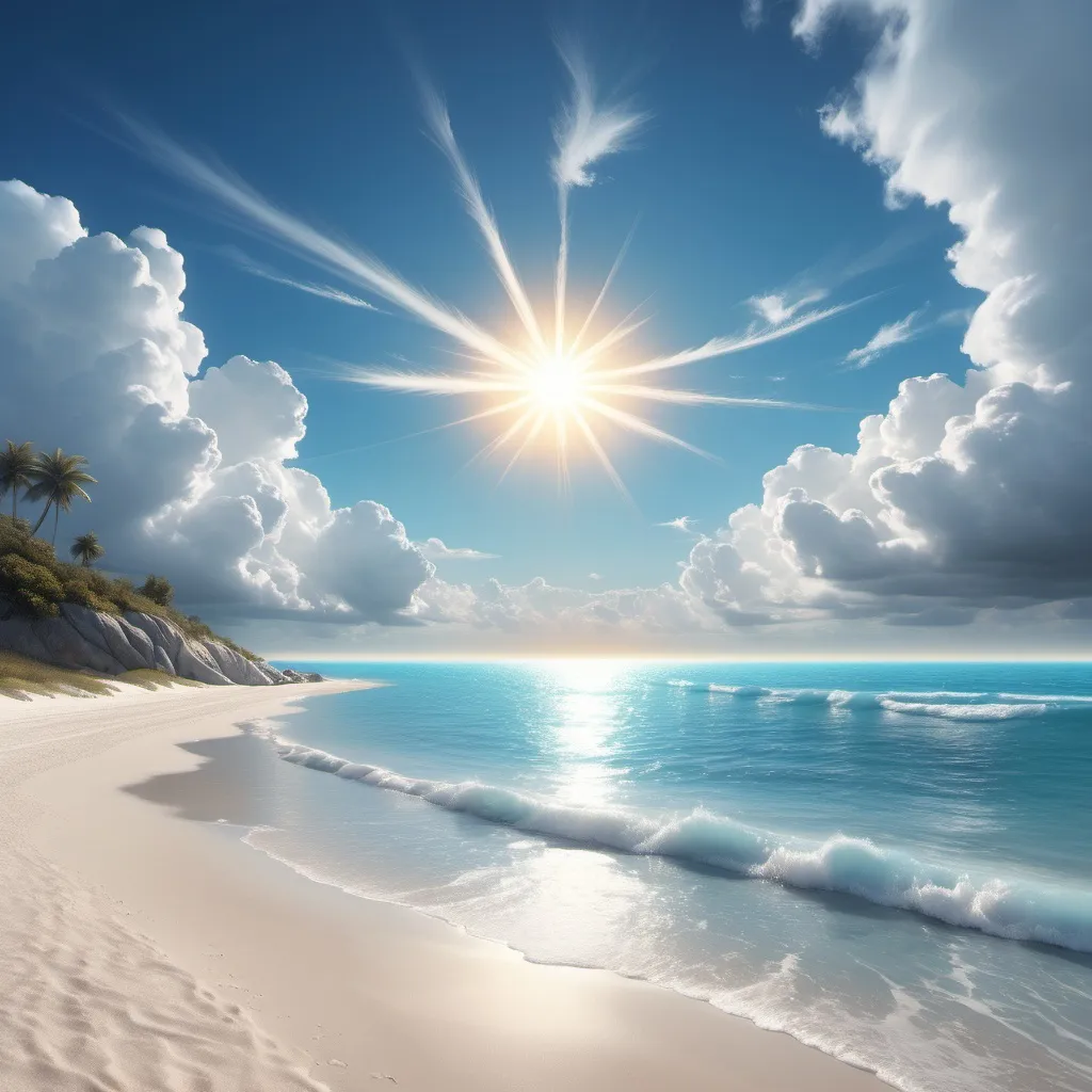 Prompt: a beach with a bright sun and blue water and clouds in the sky above it and a beach with a white sand and blue water, Anthony S Waters, magic realism, ocean, a matte painting