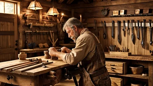 Prompt: Middle-aged charismatic carpenter crafting wood at a rustic workshop table, traditional woodworking tools, focused and skilled expression, warm and earthy color palette, side view perspective, detailed woodworking, high quality, traditional, rustic, detailed facial features, charismatic, woodworking, warm tones, skilled craftsman, atmospheric lighting, woodworking tools, rustic workshop