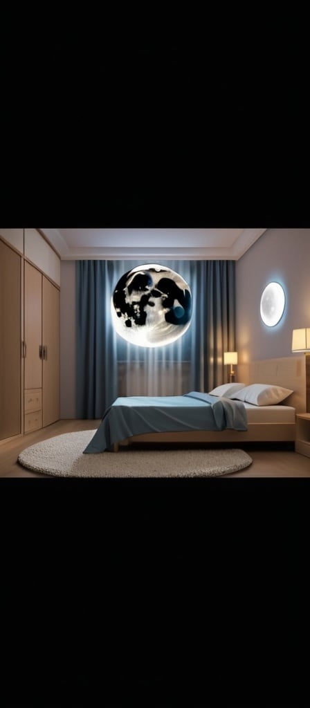 Prompt: Translate text with your camera
Converting a picture of a regular bedroom into a bedroom with moon-shaped lighting and placing the picture as if it were in space