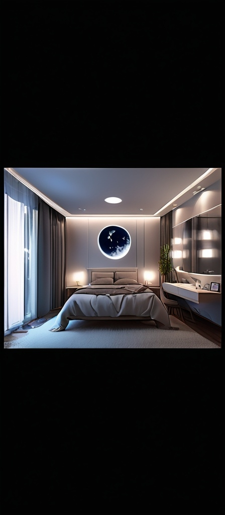 Prompt: Translate text with your camera
Converting a picture of a regular bedroom into a bedroom with moon-shaped lighting and placing the picture as if it were in space