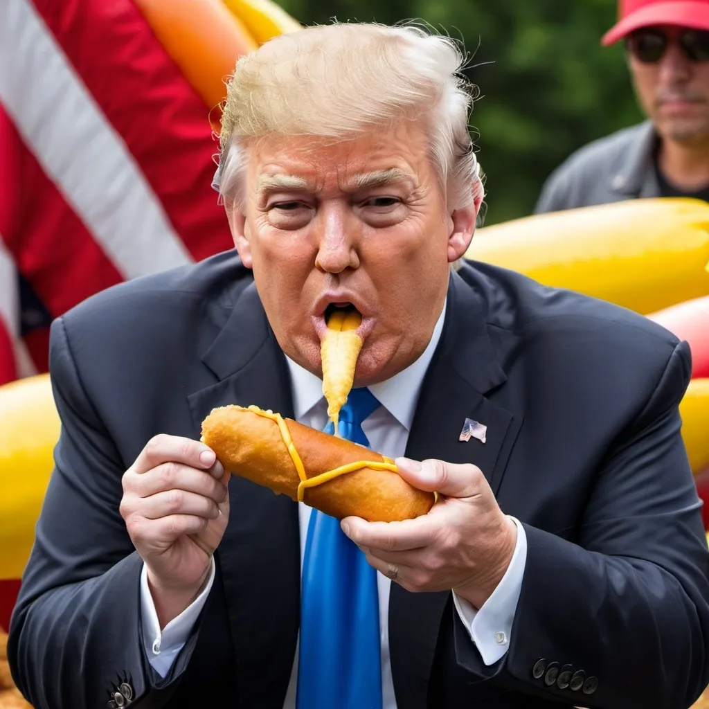 Prompt: Imagine a picture of Donald Trump eating a corn dog 
