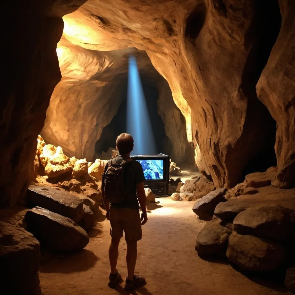 Prompt: Spelunking in the cave of wonders, with a walking plasma TV complaining about the glare