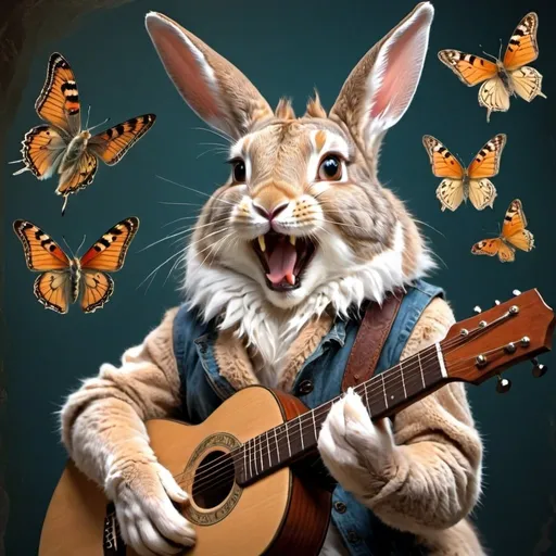 Prompt: A rabbit, lynx, butterfly hybrid creature, playing guitar and singing