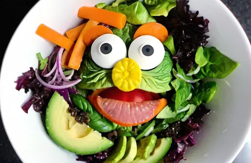 Prompt: A dinner salad that looks like Oscar the Grouch 