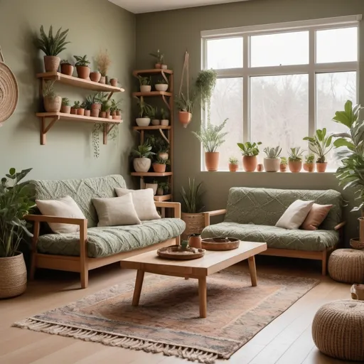 Prompt: minimalistic boho living room: two futon couches with sage green covers, one rectangular wooden coffee table, a bookcase with plants, a colorful rug (neutral tones still), and shelves on the wall with plants. Also floor plants. 
