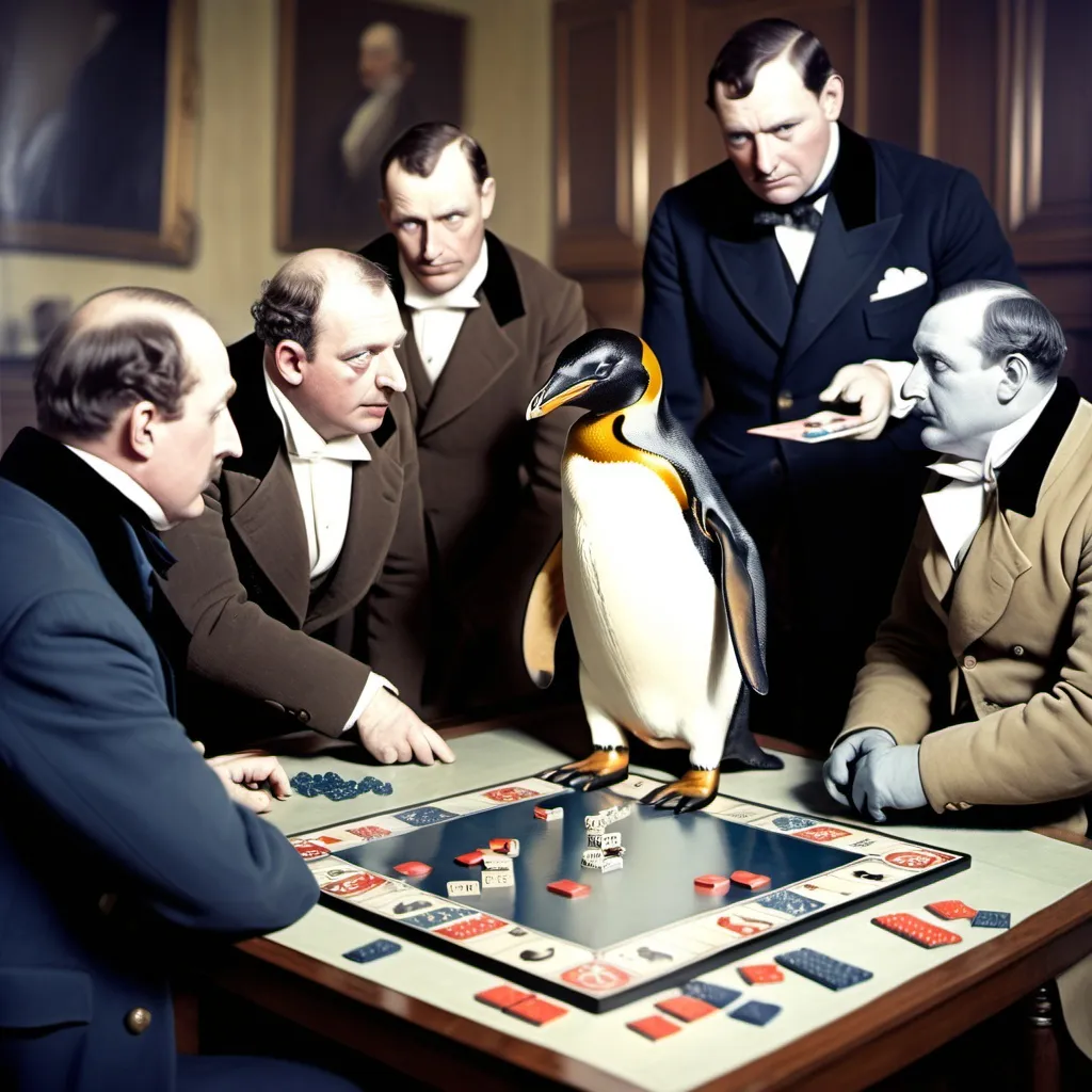 Prompt: a british penguin playing boardgames with a group of traitors