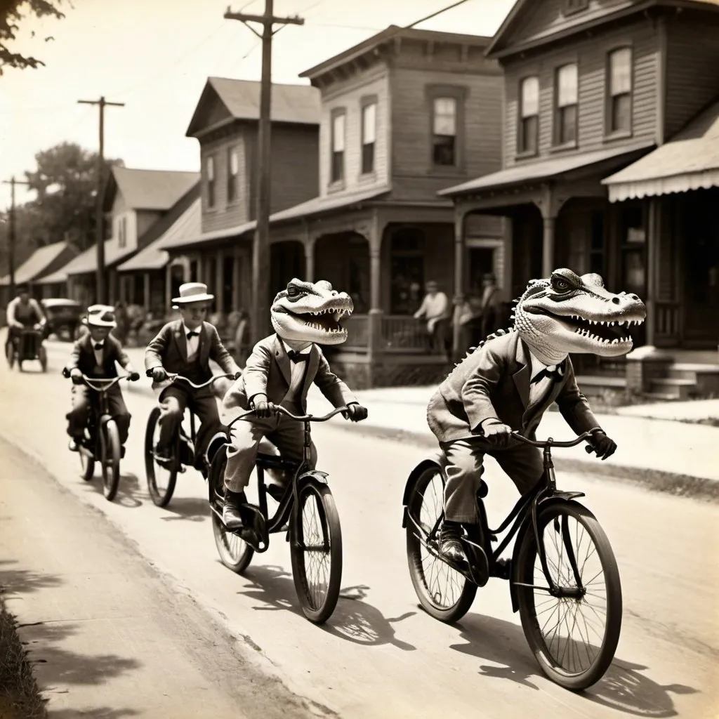 Prompt: A vintage photograph of alligators riding bicycles down the street of a small town in the 1920s