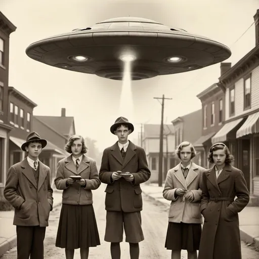 Prompt: a gathering of five teenagers on the street of a small town in the 1930s with a Ufo overhead