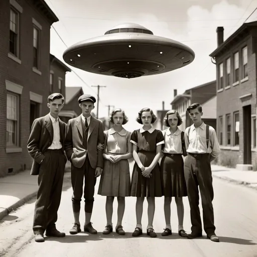 Prompt: a gathering of five teenagers on the street of a small town in the 1930s with a Ufo overhead