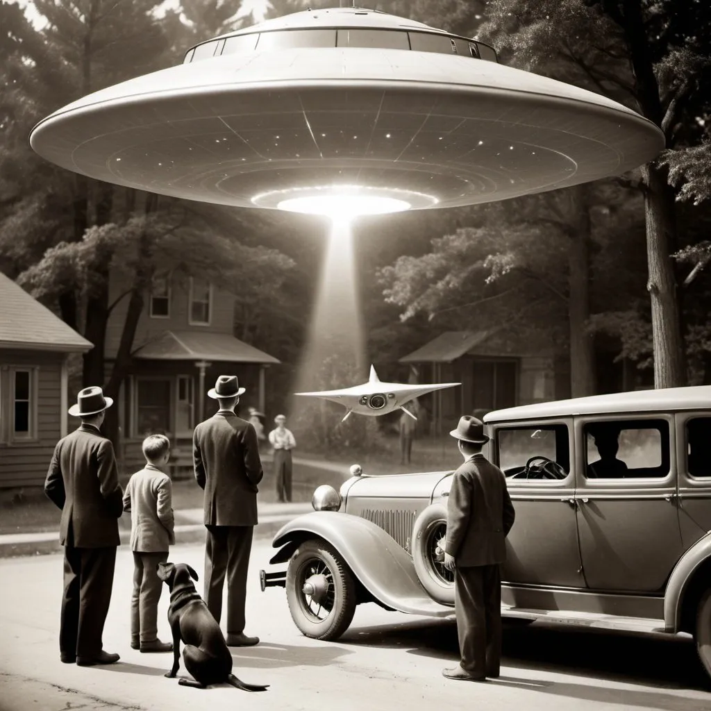 Prompt: A vintage photograph of a dog watching three teenagers being beamed aboard a UFO from the street of a small town in the 1920s