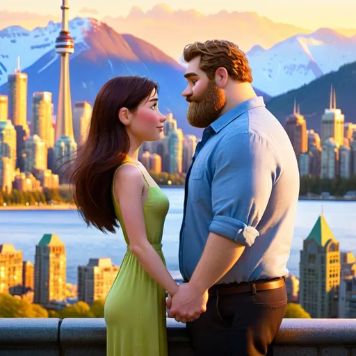 Prompt: Balanced composition of a medium to large build man aged 25, with medium length dark brown hair and a beard on the left, set against a stunning Toronto backdrop, contrasting with a delicate, attractive 25-year-old woman with dark brown hair on the right side, embracing the scenic beauty of Vancouver. The two are holding hands, symbolizing love across cities. Colorful, romantic ambiance, soft sunlight, ultra-detailed, cinematic; evoking a warm feeling of connection, split down the middle. Make it very clear that it is half Toronto and half Vancouver. Man in Toronto half, woman in Vancouver half