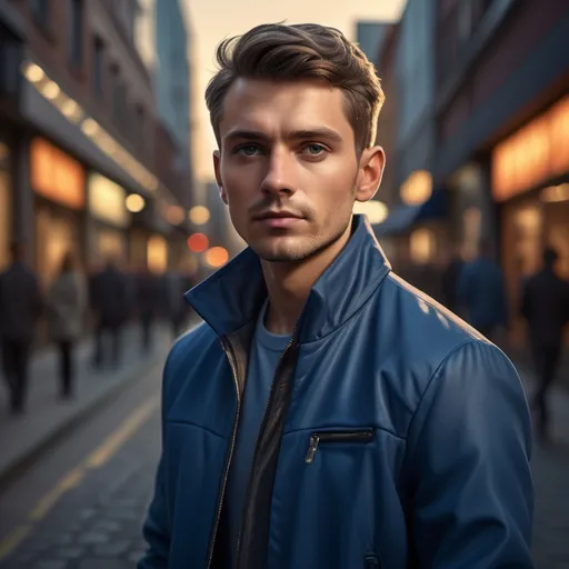 Prompt: (man in a blue jacket), (detailed facial features), standing confidently, casual pose, background of an urban setting, early evening light, soft shadows, warm hue in the atmosphere, stylish clothing, high detail, textured fabric, subtle contrasts highlighting the jacket, (photorealistic), ultra-detailed 4K image, capturing a vibrant, modern feel.