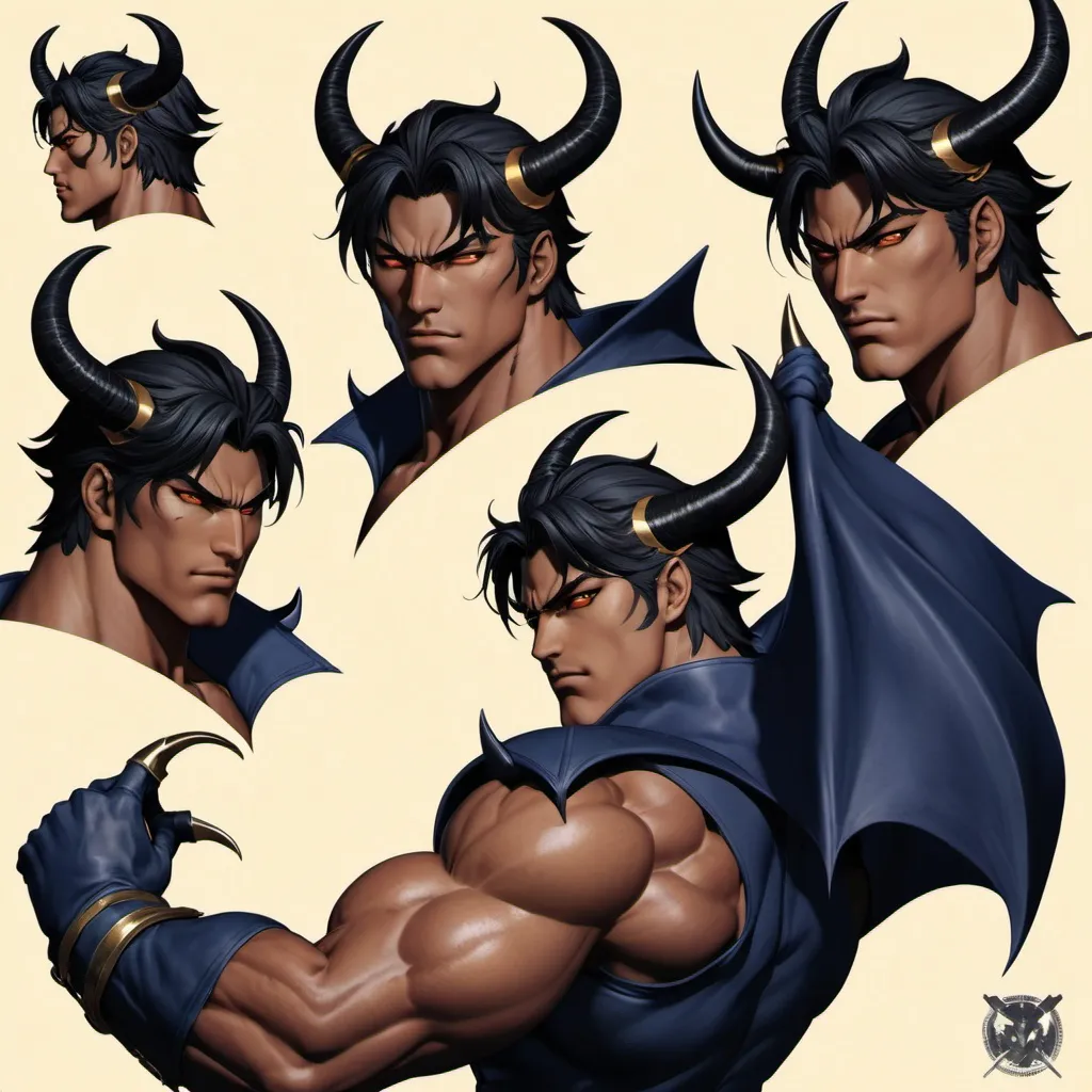 Prompt: Character sheet, multiple angles, same character, Devil jin with black demonic bat wings. Gold eyes. Handsome. Navy  skin, two black spiraling horns. Comicbook art. Toned muscles. D&D sheet, oc character. Tekken