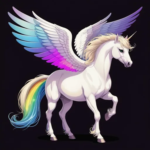 Prompt: White Pegasus with pastel raibow mane and tail. Dark violet snout that stretches higher on the right side. Sandy brown eyes. Large iridescent white wings. Full body. Comic book art.