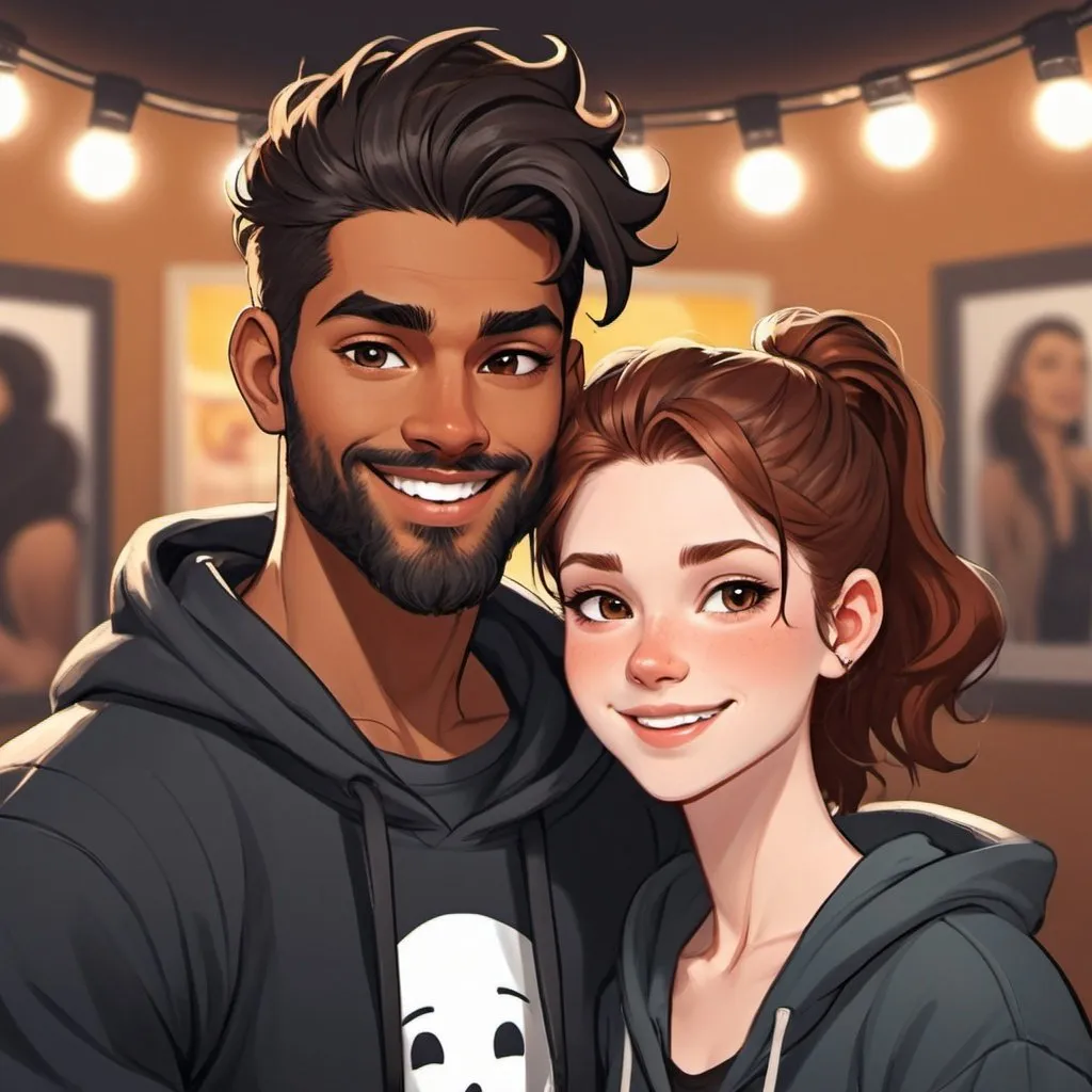 Prompt: Photo booth picture strip. Happy couple. Smile. ((beautiful black flowy haired woman with hair down in waves. pale skin)) ((handsome man reddish brown haired in messy man bun. muscular, Latino male, short beard.)) in love. black Hoodies. Detailed faces. Romance novel. Oil painting art. Webtoon style art. Blurried lights background