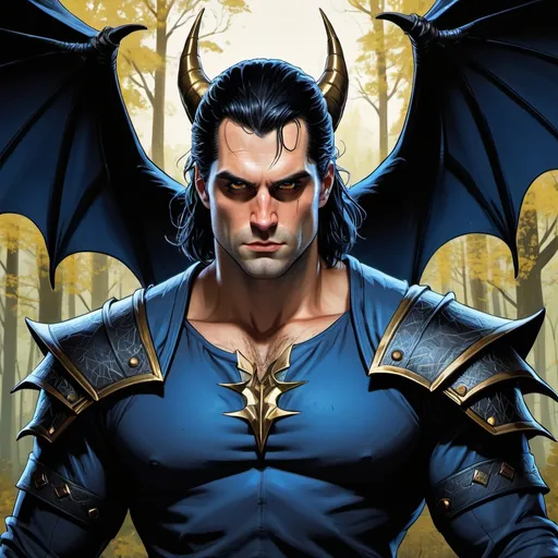 Prompt: Character sheet, same character, Henry Cavill (Geralt) black demonic bat wings. Short windswept Black hair. Gold eyes. Handsome.  Blue skin, two black spiraling horns. Smirk. Playful. Comicbook art style. Toned. D&D, oc character. Forest background 