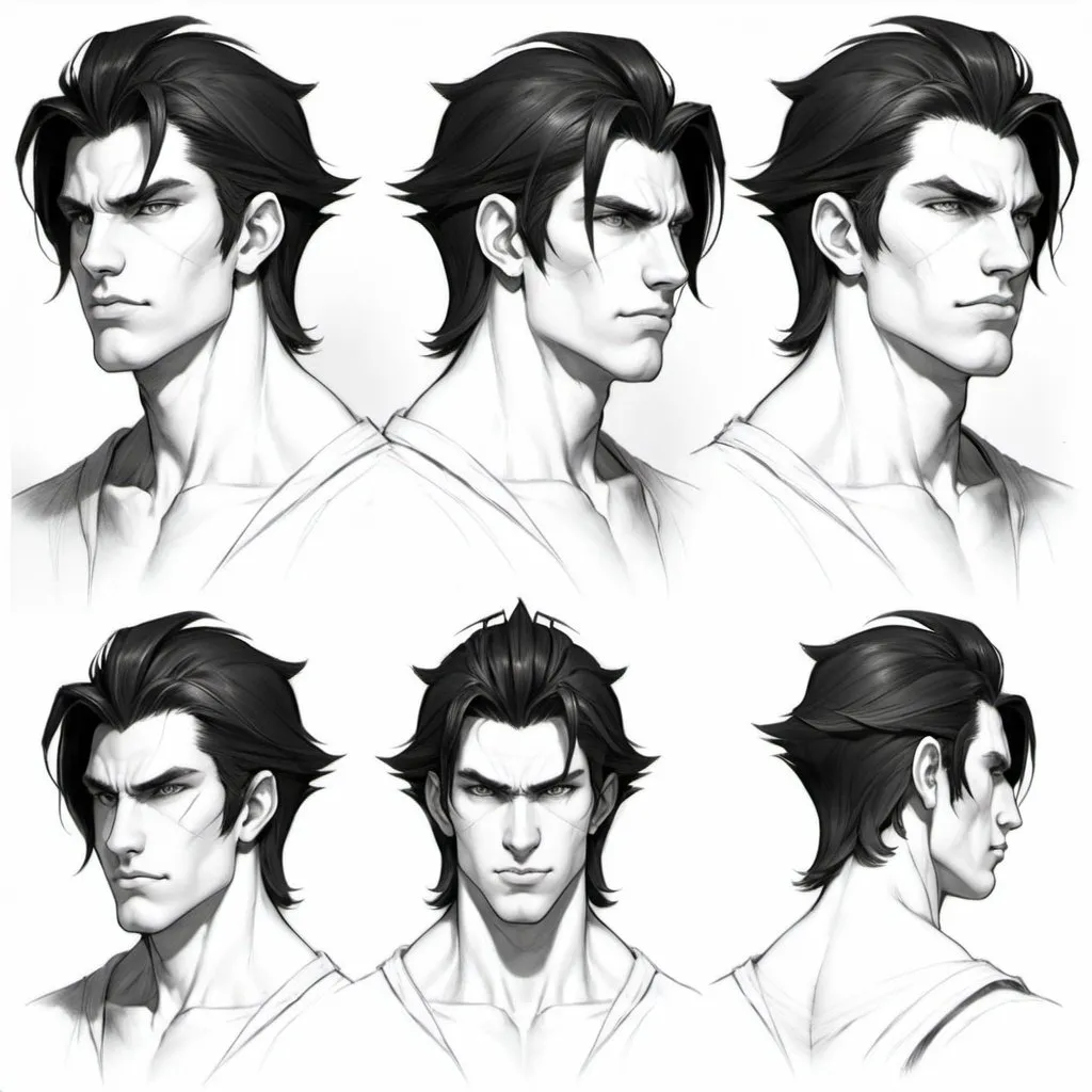 Prompt: 22 year old man. white skin. Jaw length mane like black hair. Ruggedly handsome. Handsome. Character sheet. Multiple angles. pencil sketch. Clean shaven 
