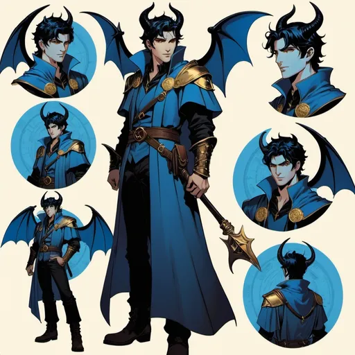 Prompt: Character sheet, multiple angles, same character, Dante with black demonic bat wings. Black hair. Gold eyes. Handsome.  Blue skin, two black spiraling horns. Comicbook art style. Toned. D&D sheet, oc character. Dantes inferno 