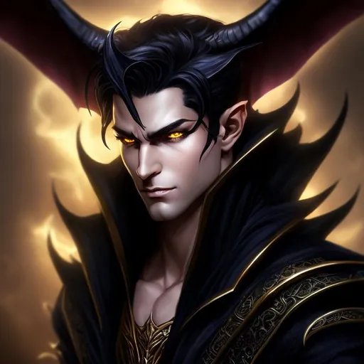 Prompt: A handsome demon, oc for D&D,  casting and dark spell. perfect gold eyes, full body character portrait, dark fantasy, detailed realistic face, digital portrait, fiverr dnd character, beautiful male Tiefling, dusk colored skin tone,  obsidian-hued horns, wearing flowy long-sleeved black shirt, large bat wings