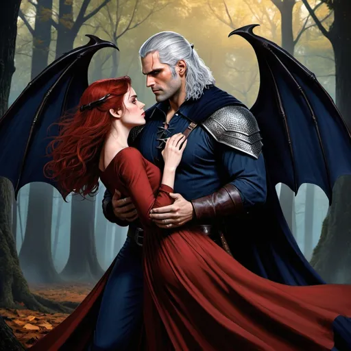 Prompt: dark forest background, Henry Cavill (Geralt) black demonic bat wings. Short windswept Black hair. Gold eyes. Handsome. two black spiraling horns. Kissing red haired beauty in a indigo long sleeve dress. In love. love. Romance. Comicbook art style. Illustrated. D&D, oc character. Clean shaven, full-body 