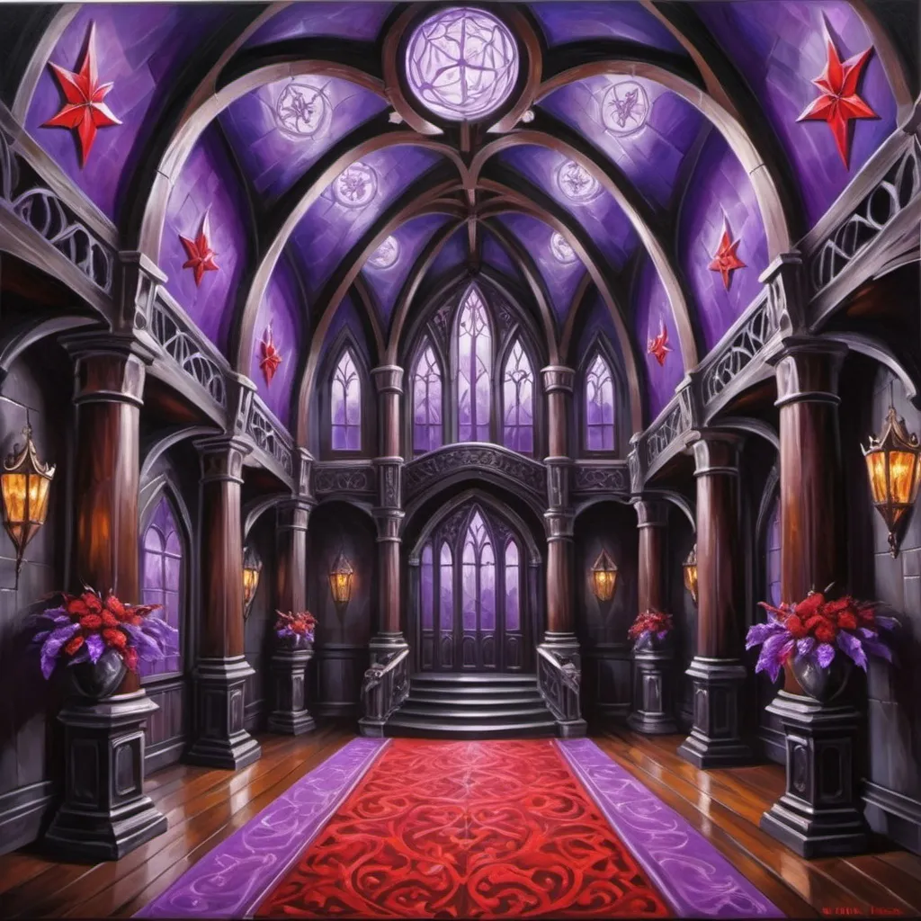 Prompt: Fantasy castle hall. Mahogany wood. Black interior. Vaces with red and purple flowers. Electric violet and silver crest flags. Elven theme. Very detailed. Illustrations. Oil painting 