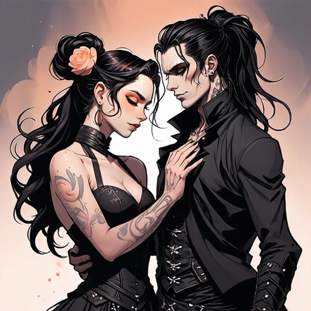 Prompt: Male fey that looks like andy black with long black hair in messy man bun dancing with a female human with peach skin and long auburn wavy hair.  Clearly in love. Both dressed male gothic fantasy attire. Love. Comicbook art