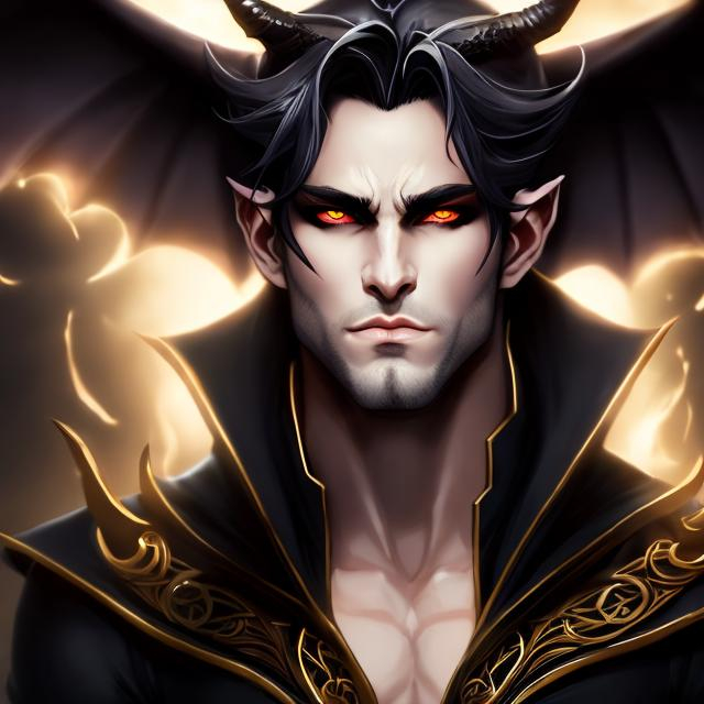 Prompt: A handsome demon, oc for D&D,  casting and dark spell. perfect gold eyes, full body character portrait, dark fantasy, detailed realistic face, digital portrait, fiverr dnd character, beautiful male Tiefling, dusk colored skin tone,  obsidian-hued horns, wearing flowy long-sleeved black shirt, large bat wings