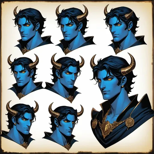 Prompt: Character sheet, multiple angles, same character, Dante with black demonic bat wings. Black hair. Gold eyes. Handsome.  Blue skin, two black spiraling horns. Comicbook art style. Toned. D&D sheet, oc character. Dantes inferno 