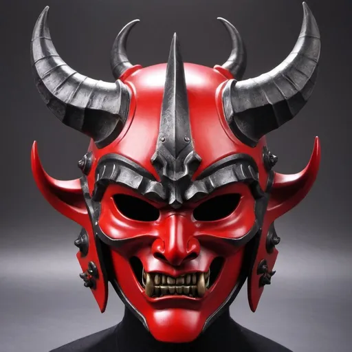 Prompt: Face mask. Bottom half red oni mask. Top knight armor mask with six horns