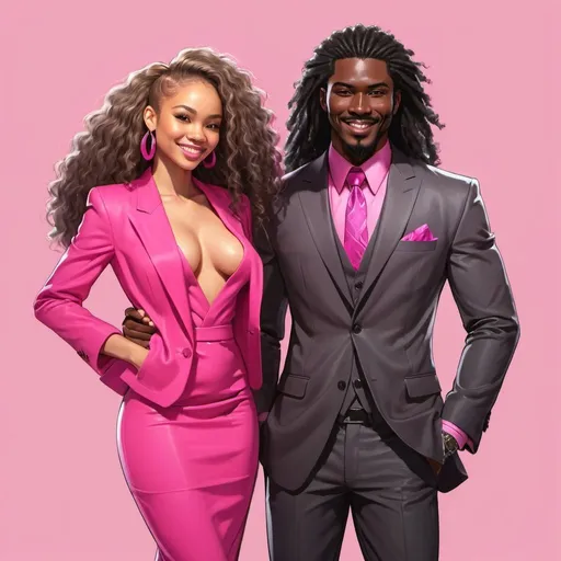 Prompt: Pretty Light skinned black woman. Hot pink dress and jacket. Hand drawing. Long fluffy hair. In love with yakuza man in suit friendly smiling couple. 