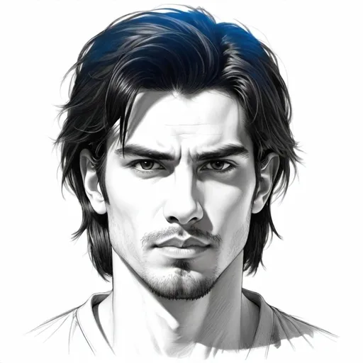 Prompt: 22 year old man. white skin. Jaw length mane like black hair. Ruggedly handsome. pencil sketch. Serious face. Clean shaven 
