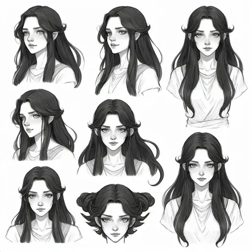 Prompt: beautiful long black flowy haired woman. pale skin. Tomboy clothes. Goddess beauty. Gorgeous. dnd character sheet. pencil sketch.  Amber eyes.  Multiple angles. Hand drawing. 