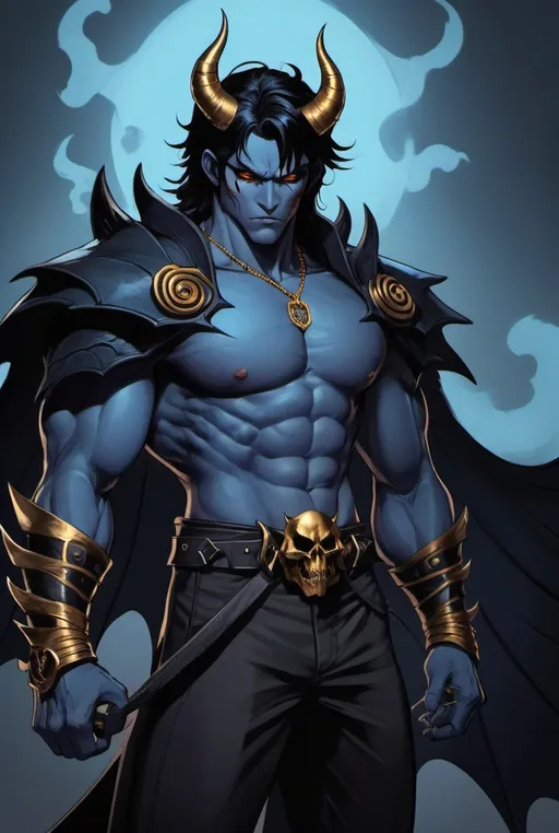 Prompt: Character sheet, same character, Devil jin with black demonic bat wings. Black hair. Gold eyes. Handsome.  Blue skin, two black spiraling horns. Comicbook art style. Toned. D&D sheet, oc character. 
