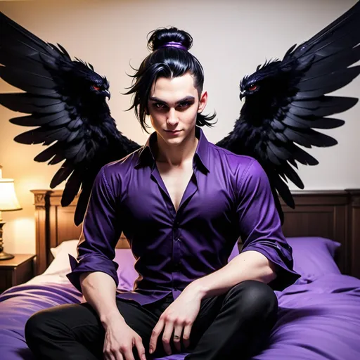 Prompt: D&D inn bed room, handsome male Fey with large black feathered wings, pale skin and black haired sitting on the edge of the bed awkwardly. Messy man bun, Devilish smirk amused, legs crossed, playful smile, piercing violet irises, black satin shirt