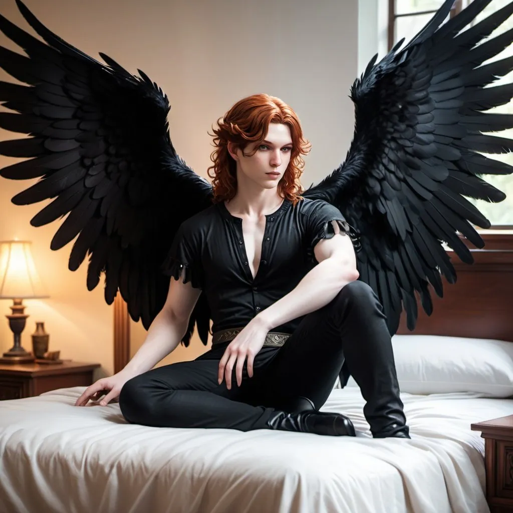 Prompt: D&D inn bed room, handsome male Fey with black feathered wings, pale skin. Beautiful auburn wavy haired human sitting on the bed together. 