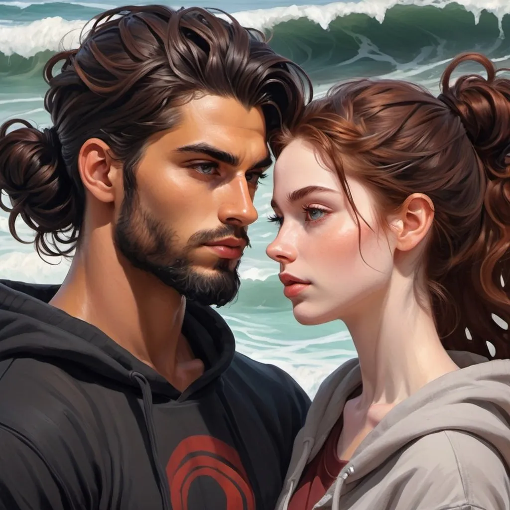 Prompt: Stareing lovinglyvinto eyes. ((beautiful black flowy haired woman with hair down in waves. pale skin)) ((handsome man reddish brown haired in messy man bun. muscular, Latino male, short beard.)) in love. black Hoodies. Detailed faces. Romance. Oil painting art. Illustration. Outside background