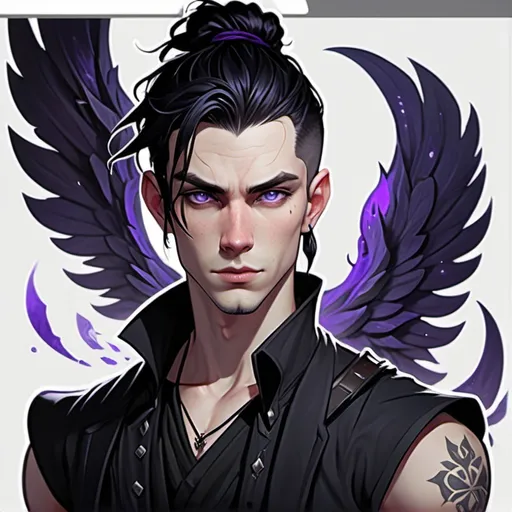 Prompt: Fey male, Pale skin, long black hair, messy man bun, piercing violet irises, large black raven wings, handsome, andy black, D&D sheet, oc character.