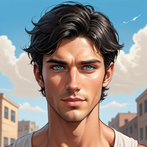 Prompt: young handsome thin face. fantasy setting man. Sky blue eyes. Shoulder length Black hair. Tan sun kissed skin. Nose scar from being broken a few times. Charming smirk. Stubble chin hair. Illustration, comic book art