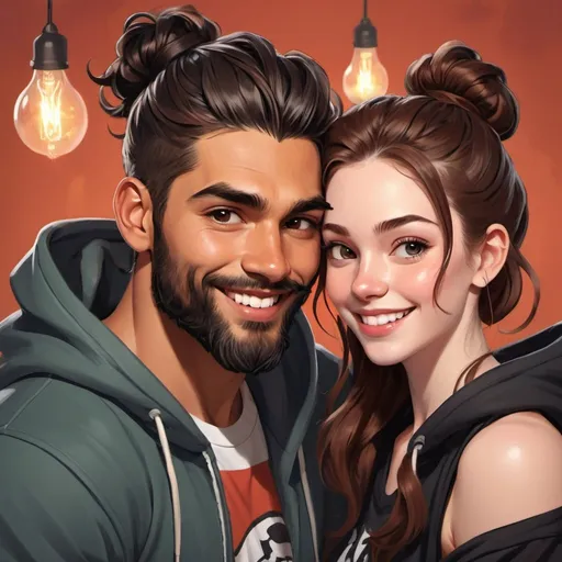 Prompt: Photo booth picture. Happy couple. Smile. ((beautiful black flowy haired woman with hair down in waves. pale skin)) ((handsome man reddish brown haired in messy man bun. muscular, Latino male, short beard.)) in love. black Hoodies. Detailed faces. Romance novel. Oil painting art. Webtoon style art. Blurried lights background