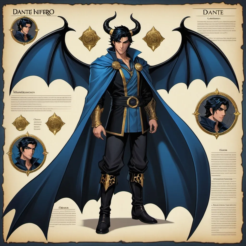 Prompt: Character sheet, same character, Dante with black demonic bat wings. Black hair. Gold eyes. Handsome.  Blue skin, two black spiraling horns. Comicbook art style. Toned. D&D sheet, oc character. Dantes inferno 