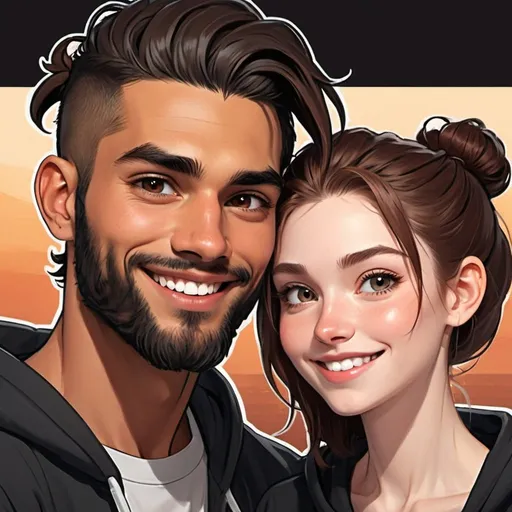 Prompt: Photo booth picture strip. Happy couple. Smile. ((beautiful black flowy haired woman with hair down in waves. pale skin)) ((handsome man reddish brown haired in messy man bun. muscular, Latino male, short beard.)) in love. black Hoodies. Detailed faces. Romance novel. Oil painting art. Webtoon style art. Blurried lights background