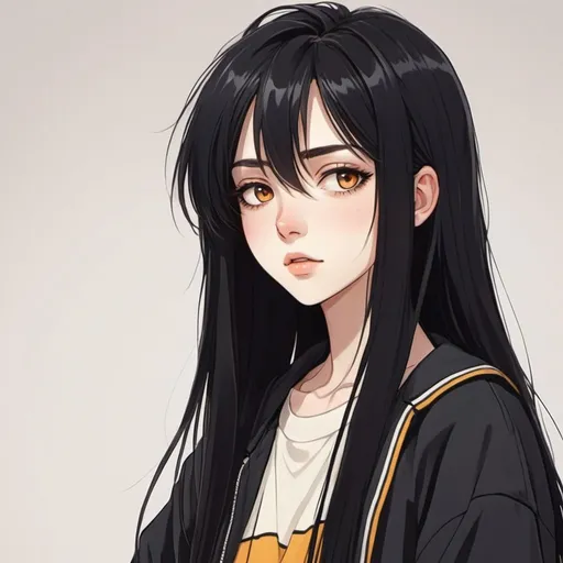 Prompt: beautiful long black straight haired woman. pale skin. Tomboy clothes. Amber eyes.  90's style anime art. 