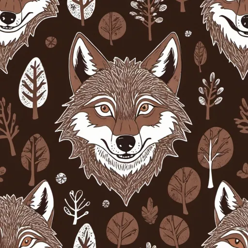 Prompt: Silly, playful, hyper, chocolate brown wolf hand drawing forest background 