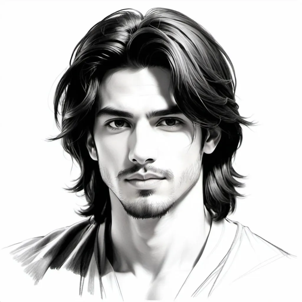 Prompt: 22 year old man. white skin. Shoulder length mane like black hair. handsome. gorgeous. pencil sketch.
