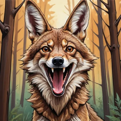Prompt: Tongue out. Happy playful. chocolate brown coyote. hand drawing. Comic book art. Oil painting. forest background 